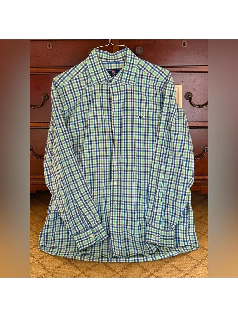Vineyard Vines Whale Shirt Green and Navy Gingham check L